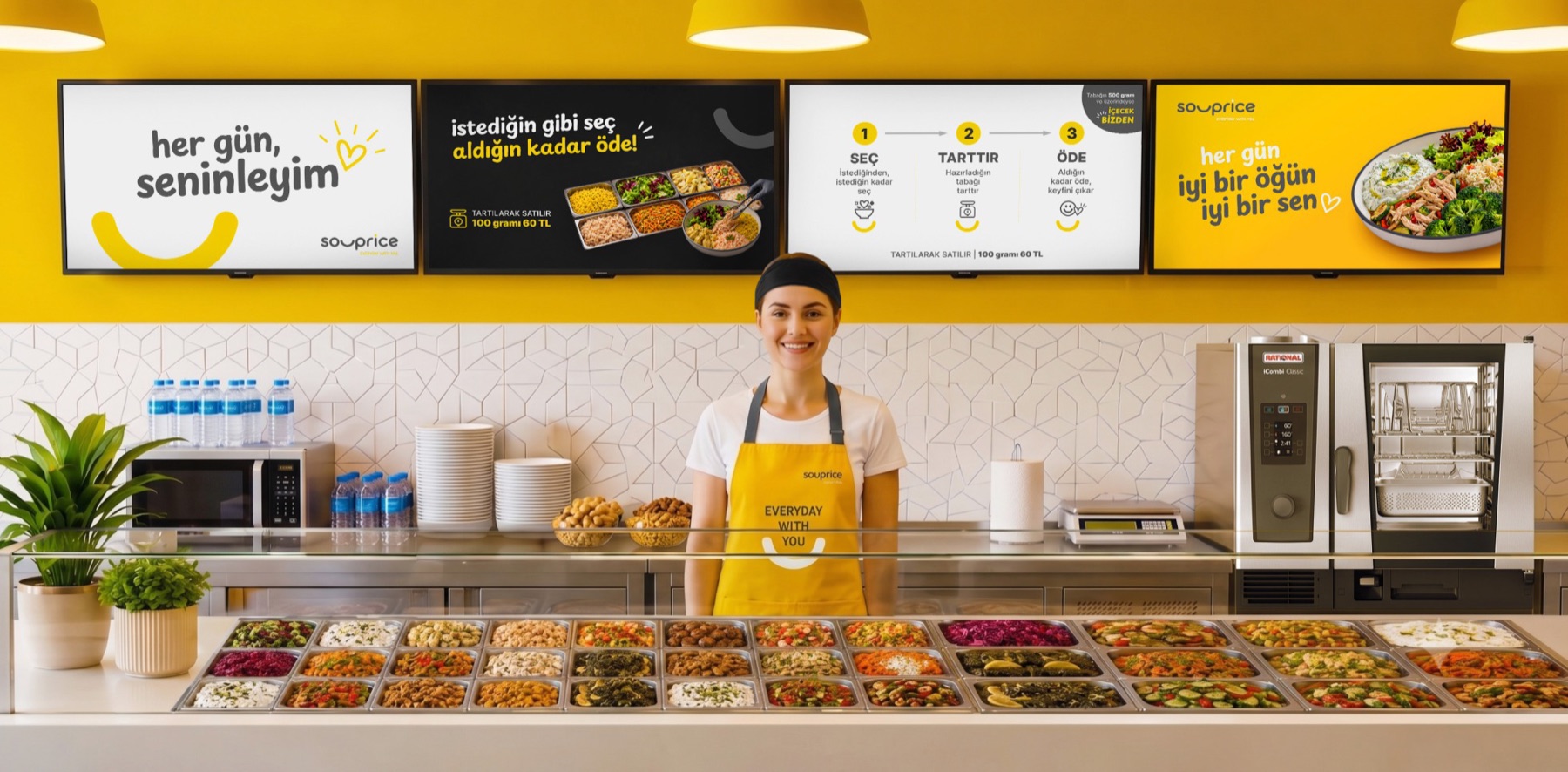 Souprice tezgâhı, günlük yemek seçenekleri ve ekip üyesi