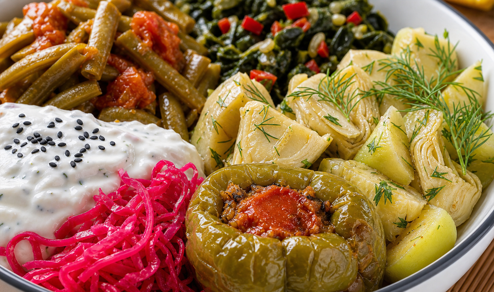 Zeytinyağlılar, mezeler ve günlük seçeneklerle hazırlanmış Souprice tabağı